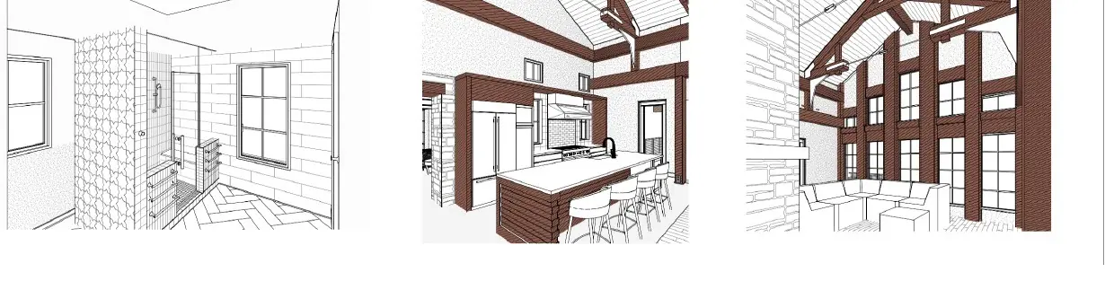 Alderman Residence interior studies showing bath, kitchen, and great-room perspectives