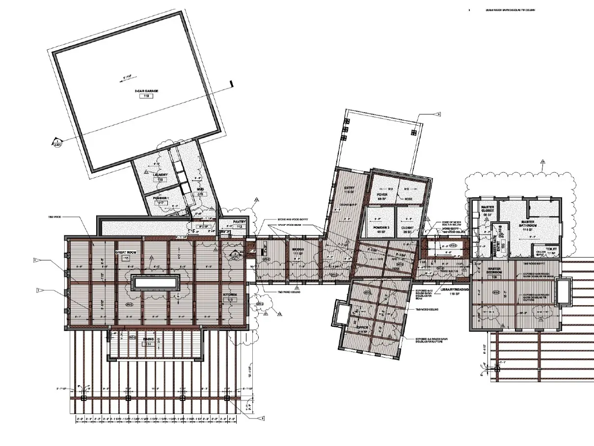 Alderman Residence main level reflected ceiling plan with truss, column, and beam locations