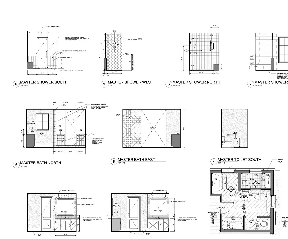 Alderman Residence primary bath and shower enlarged plan and elevations