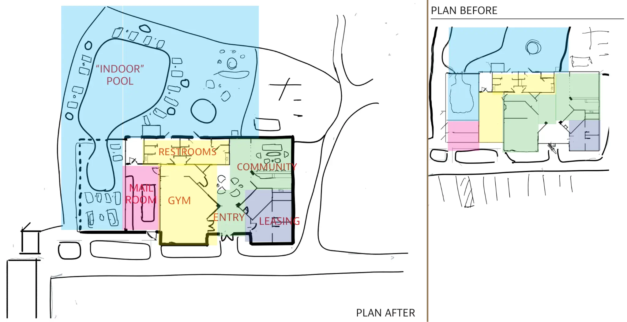 Clocktower Commons clubhouse and amenity plan before-and-after study