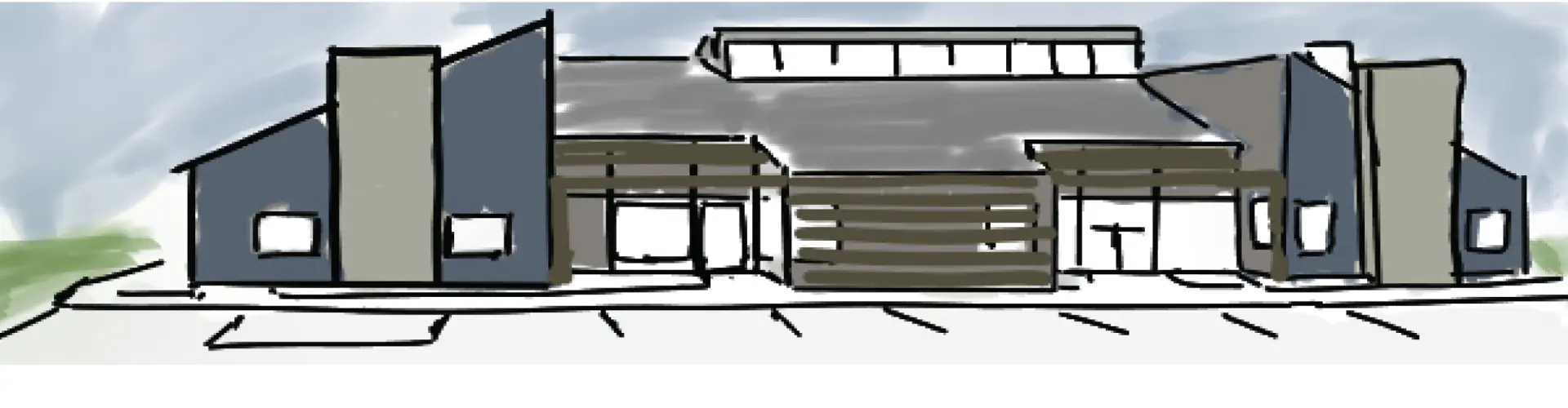 Clocktower Commons — clubhouse exterior and pool-area concept