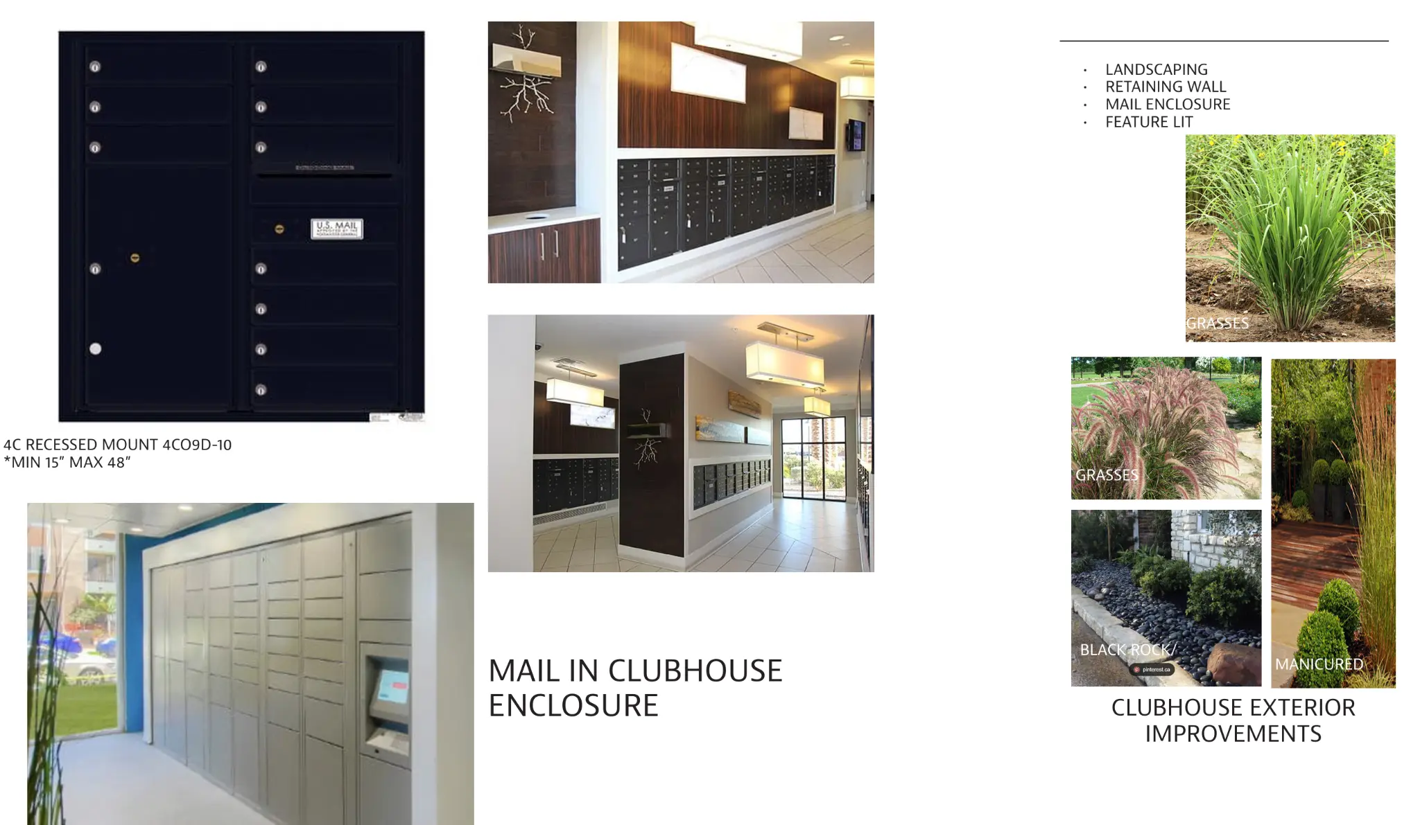 Clocktower Commons mail amenity, landscape, and clubhouse site-improvement concepts