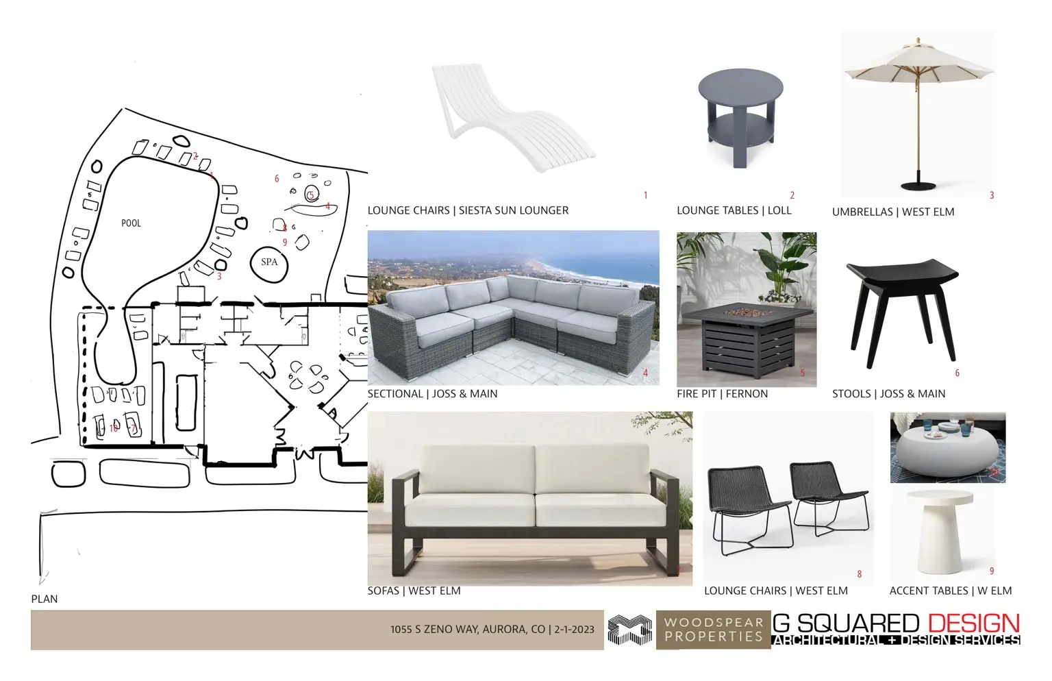 Clocktower Commons outdoor amenity furniture selections coordinated with the pool plan