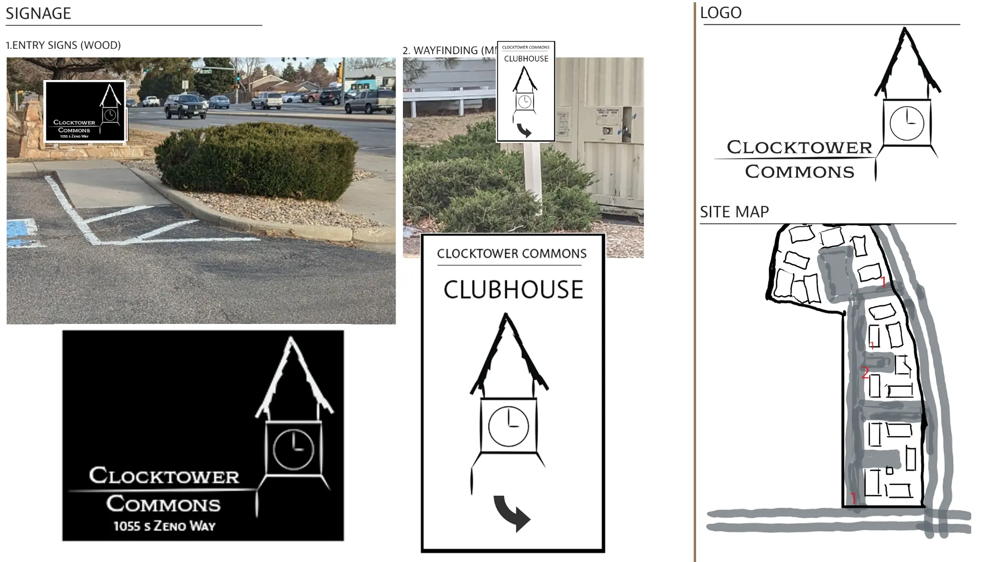 Clocktower Commons signage, wayfinding, logo, and site-map concepts