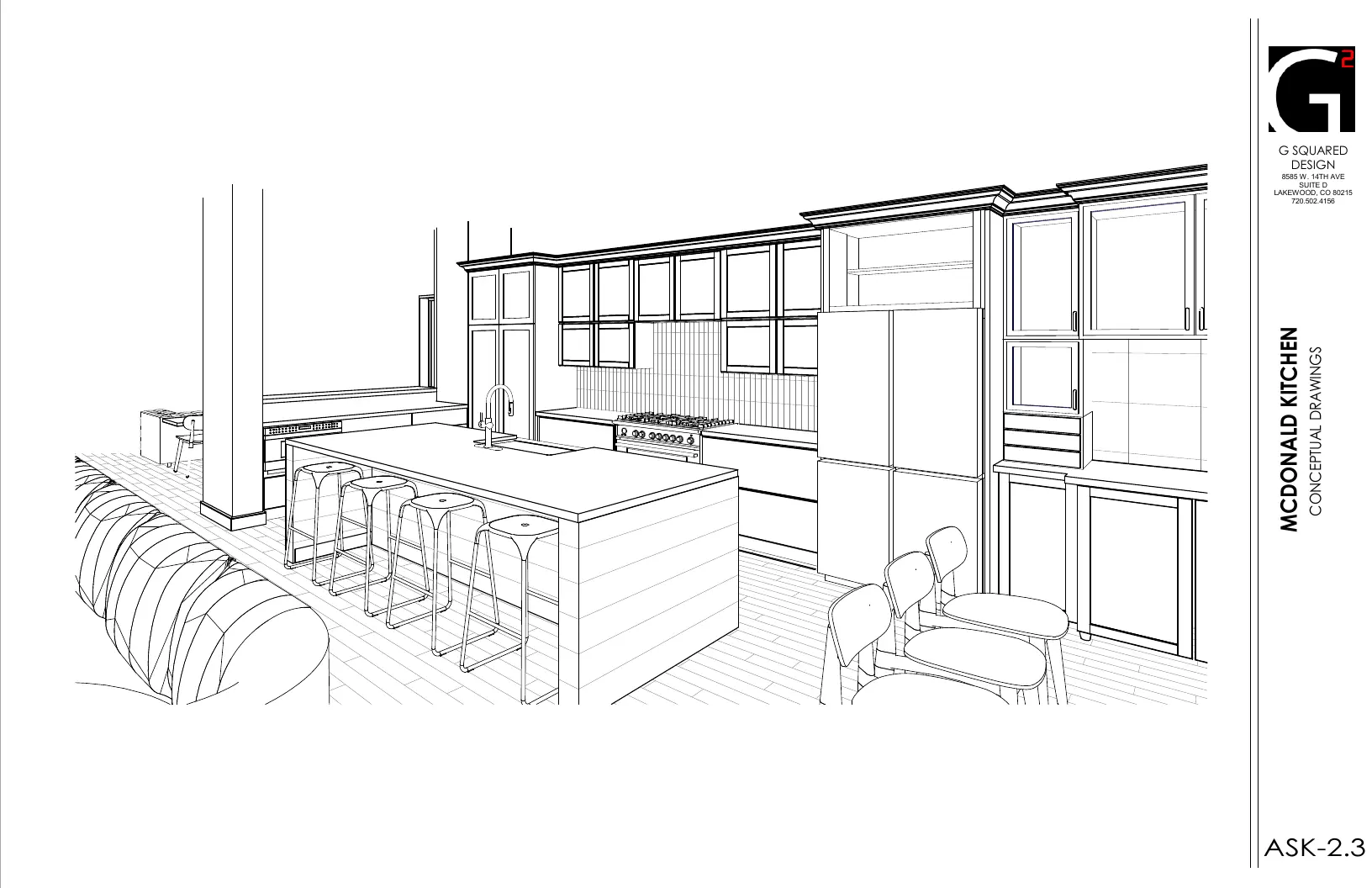 McDonald Kitchen Revit perspective showing the island and cabinetry